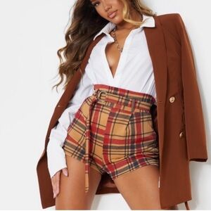 Tan brown, red and black plaid/tartan pretty little thing belted shorts size 6